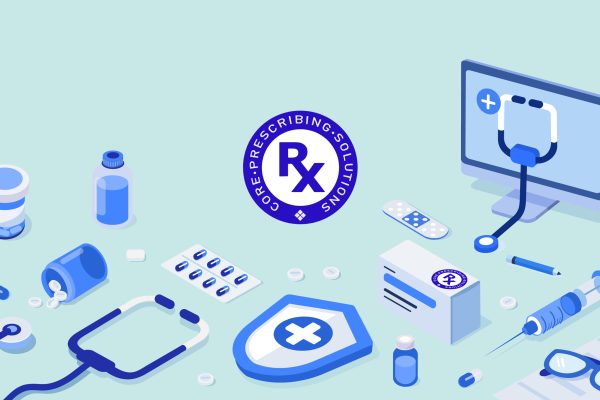 A computer monitor, stethoscope, and other medical supplies.