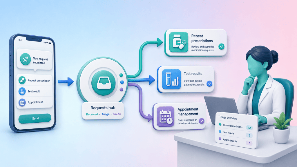 A digital request being triaged through a central hub to clinical and administrative services, illustrating the role of technology in patient access.