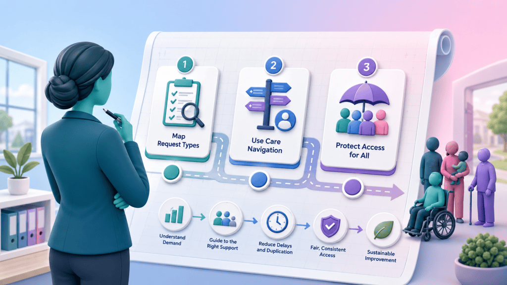 A practice manager reviewing a strategic roadmap for access improvement, including care navigation and request mapping for safer care delivery.