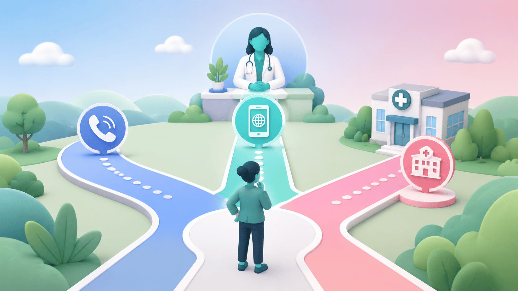A patient at a crossroads with clear paths to phone, online, and in-person healthcare routes, symbolizing organized and accessible primary care.