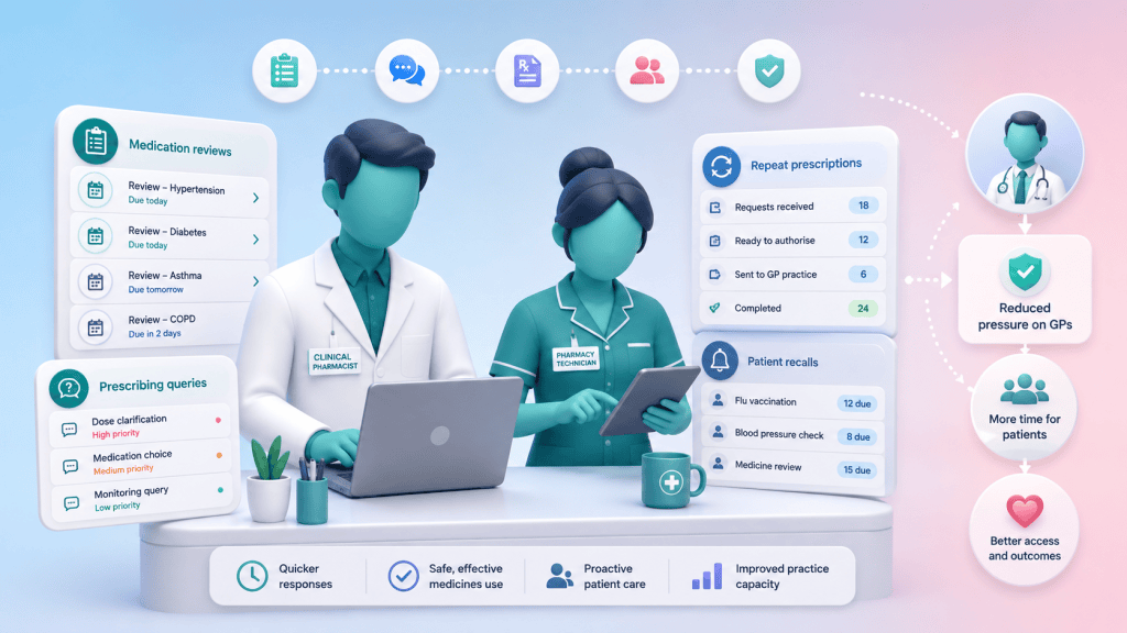A clinical pharmacist and pharmacy technician managing medication reviews and repeat prescriptions to reduce pressure on GP services.