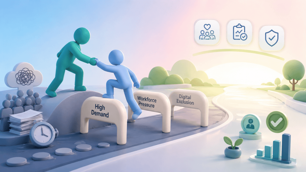 A healthcare professional helping a patient overcome hurdles like high demand and digital exclusion to reach improved primary care workflows.