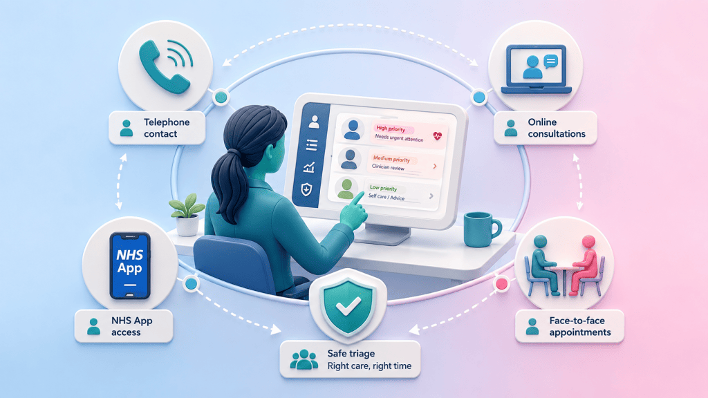 A digital dashboard showcasing interconnected routes for patient access, including telephone contact, online consultations, and the NHS App.