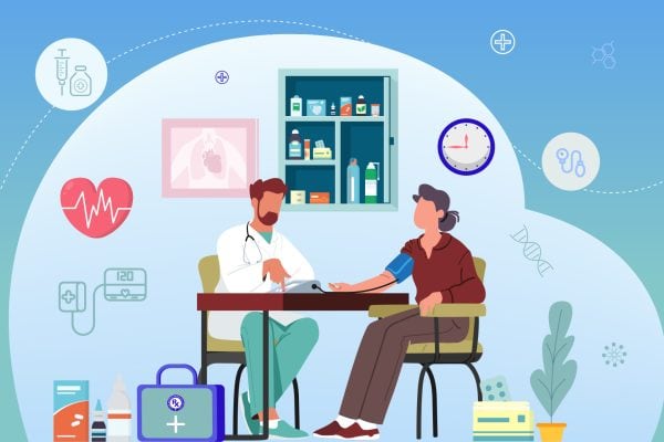 An illustration of a doctor and patient sitting at a table.