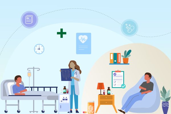A hospital room with people sitting in chairs and a bed.