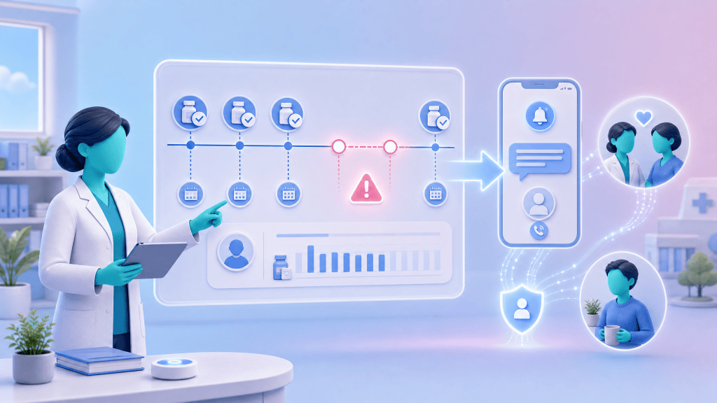 A clinical pharmacist using a digital dashboard to identify gaps in a patient's repeat prescription history and initiate a proactive adherence review.