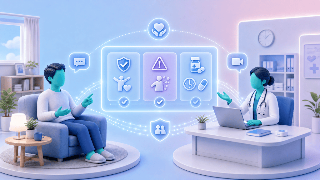 A clinician and patient in a remote video consultation discussing a simplified treatment plan, fostering shared decision-making and better understanding.