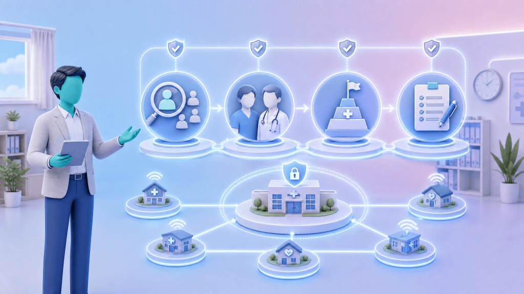 A PCN leader reviewing a strategic roadmap for integrating telehealth into clinical workflows, featuring clear governance and escalation routes.