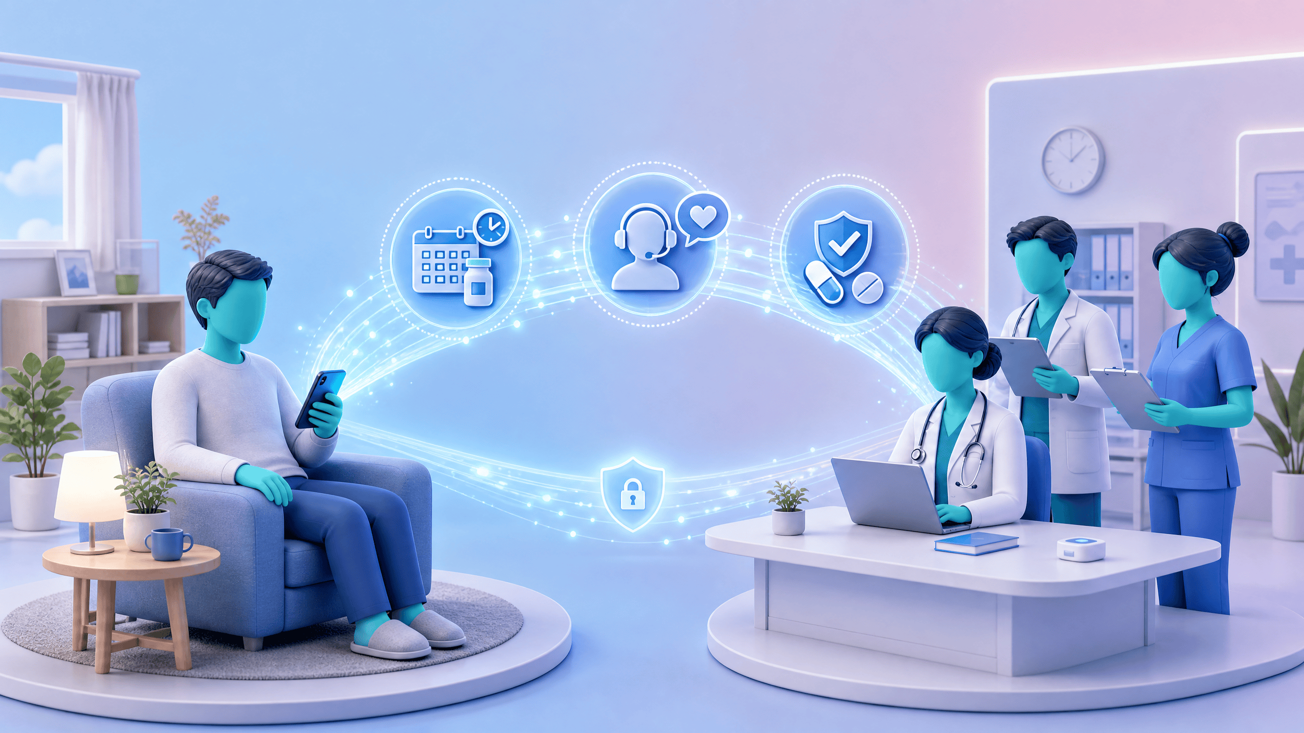 A patient at home connected via a digital bridge to a primary care clinical team, symbolizing proactive telehealth support for medication adherence.