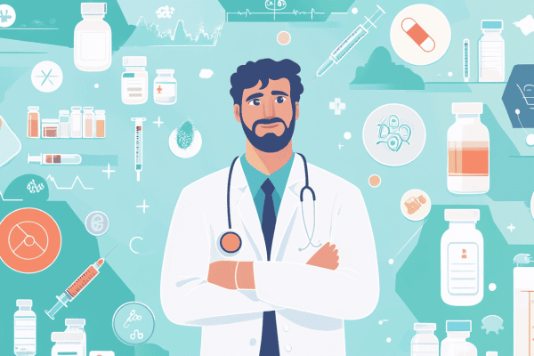 A doctor surrounded by medical items