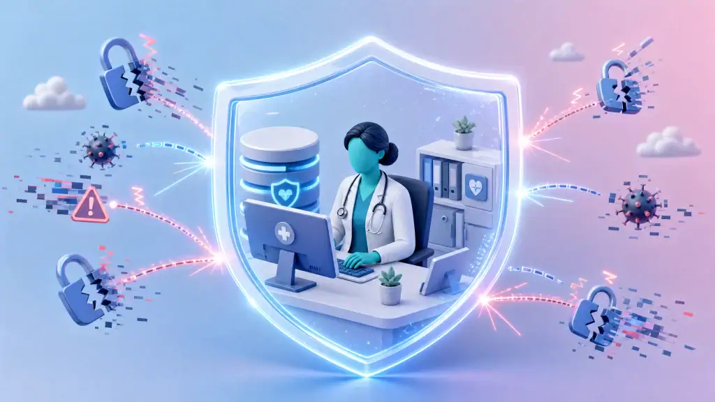 A digital shield protecting healthcare records and clinical workstations, representing cybersecurity as a critical patient safety priority.