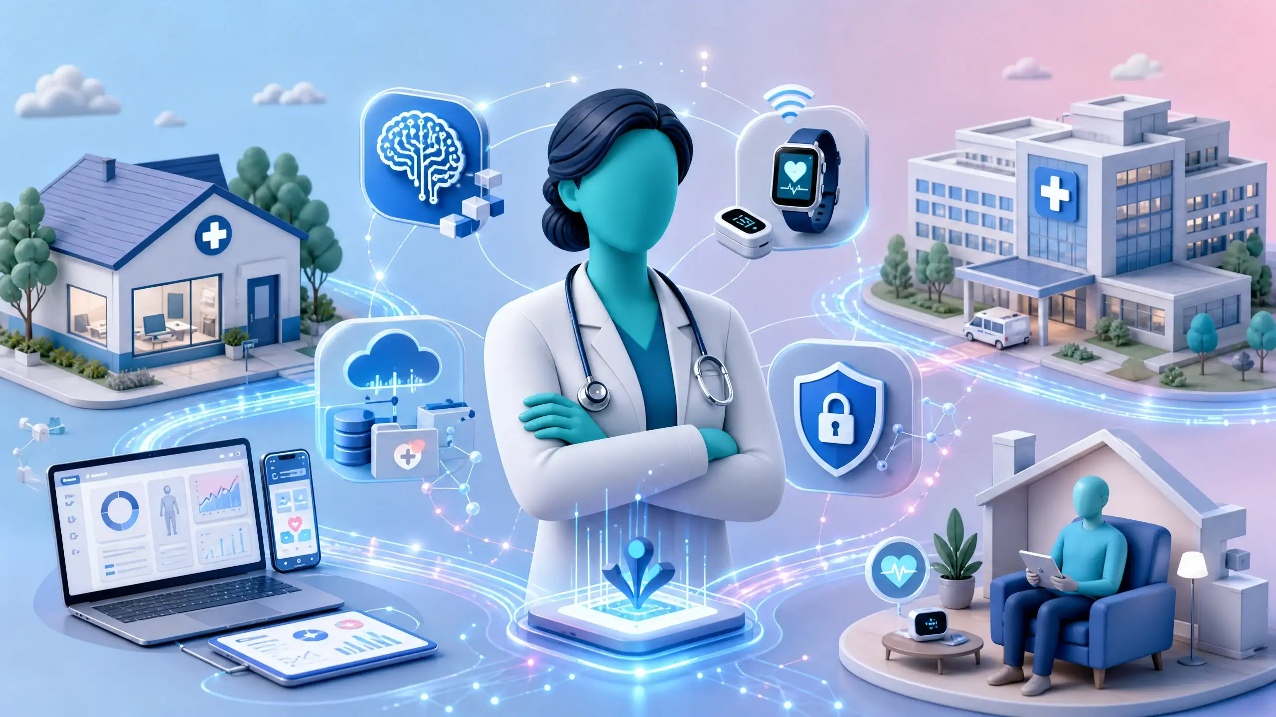 A healthcare leader surrounded by icons for AI, remote monitoring, and cybersecurity, symbolizing the integrated digital healthcare ecosystem of 2026.