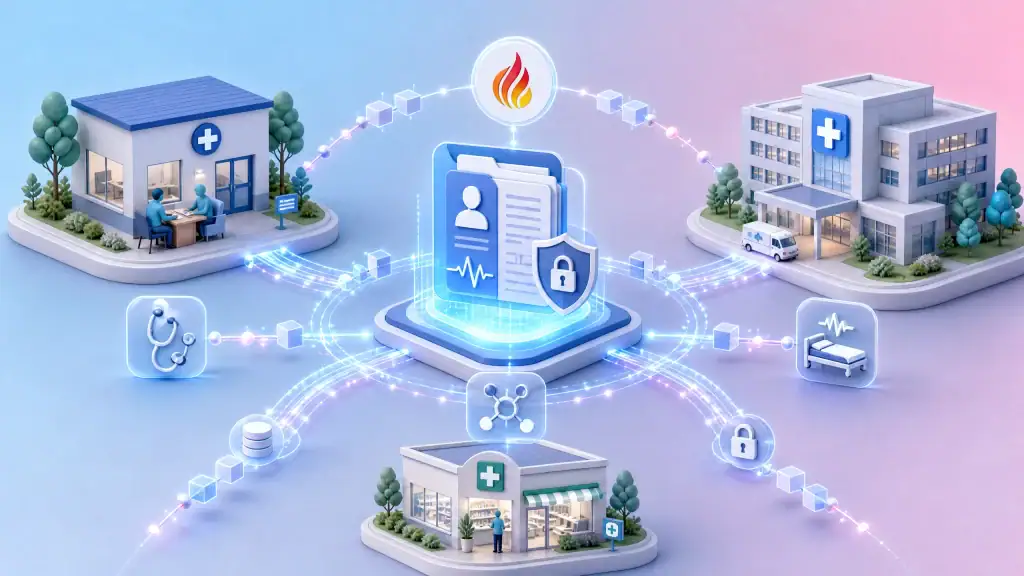 A central patient record seamlessly connected to GP, hospital, and pharmacy services through FHIR standards and shared data protocols.
