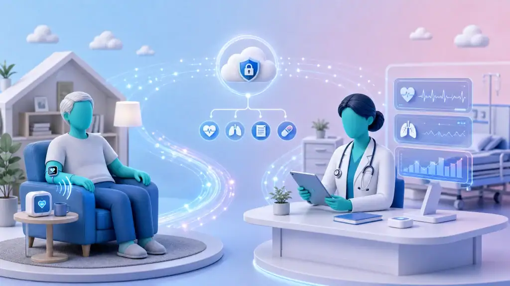 A patient at home connected via remote monitoring to a healthcare professional, demonstrating the scale of virtual wards for frailty and respiratory care.
