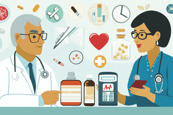 Healthcare professional managing diabetes in a primary care setting, highlighting patient support and monitoring.