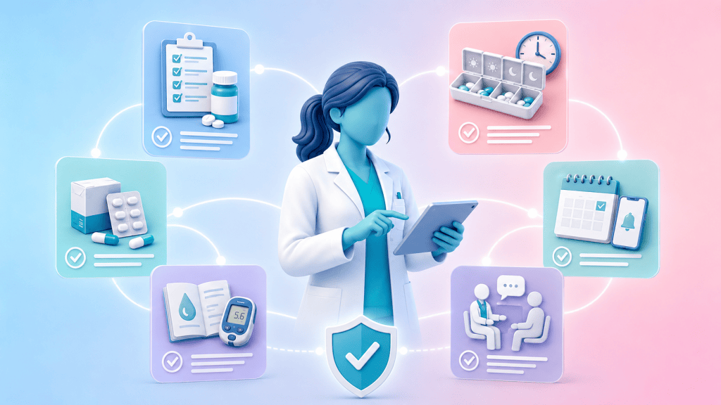 A clinical pharmacist reviews a patient's medication chart, with icons for structured medication reviews, medicines optimisation, and patient education, highlighting their role in diabetes care.
