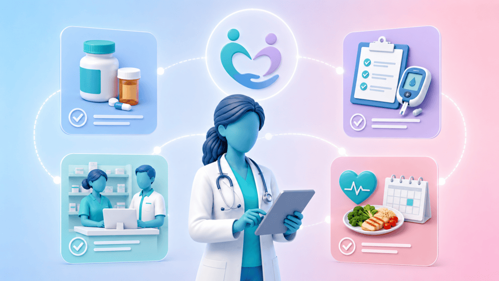 A primary care team member receives support from Core Prescribing Solutions, with icons for medication reviews and long-term condition management, illustrating comprehensive assistance for diabetes care.