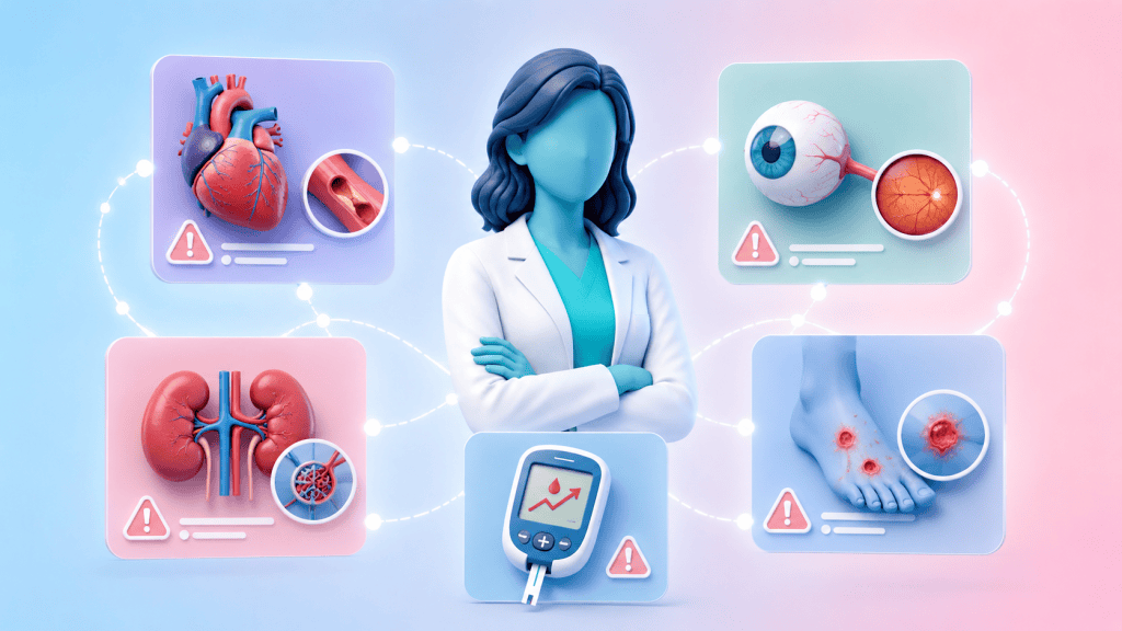 A figure with highlighted organs (heart, kidney, eyes, feet) and high blood glucose readings, illustrating the potential long-term health impacts and complications of diabetes.