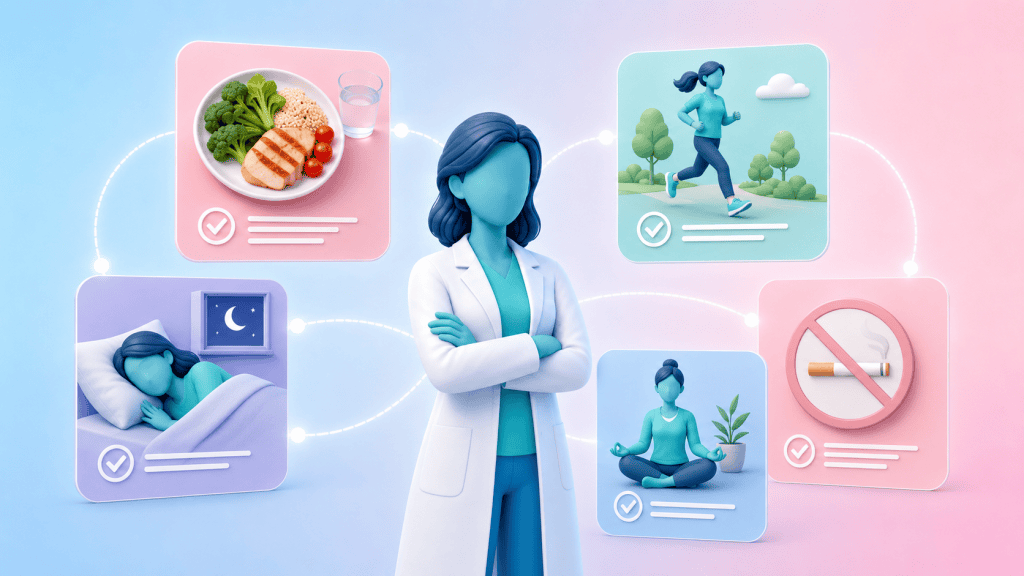 A figure engaged in healthy eating, exercise, and peaceful sleep, with icons for stress management and smoking cessation, depicting comprehensive lifestyle support for diabetes.