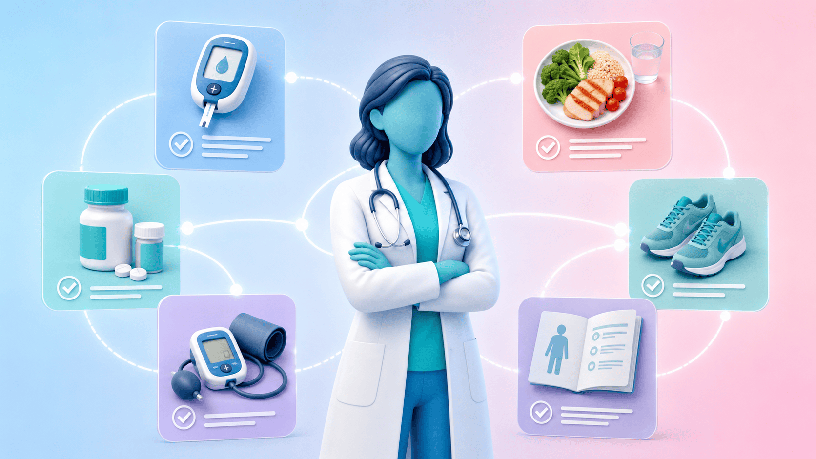 Primary care clinician surrounded by icons representing blood glucose monitoring, healthy eating, exercise, and medication, illustrating comprehensive diabetes management.