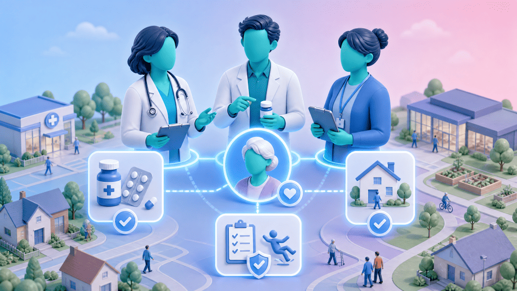 A GP, clinical pharmacist, and social worker collaborating on a patient care plan for frailty, medicines review, and home support.