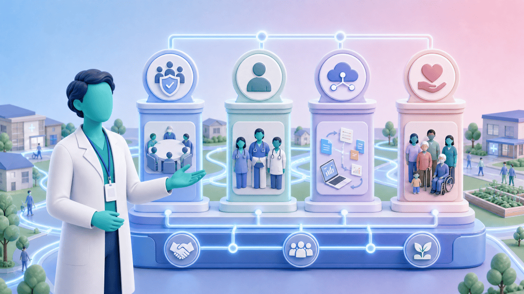 A structured blueprint showing the key success factors for integrated teams, including governance, role clarity, and data sharing arrangements.
