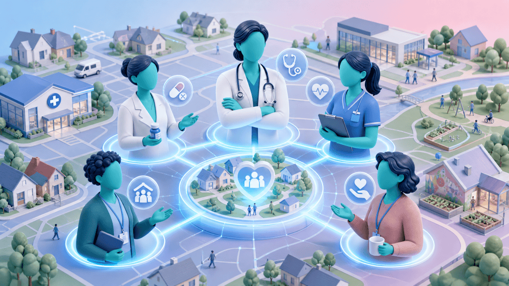 A diverse multidisciplinary team of healthcare and social care professionals connected around a local community hub, illustrating the integrated neighbourhood team model in the NHS.