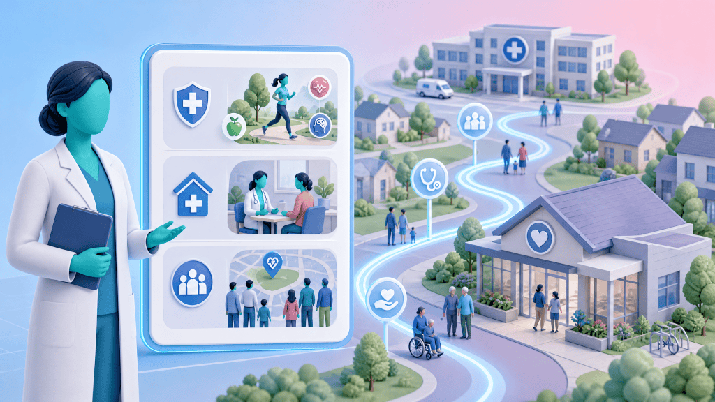 A healthcare professional reviewing a digital document outlining NHS guidance for prevention, care closer to home, and population health management.
