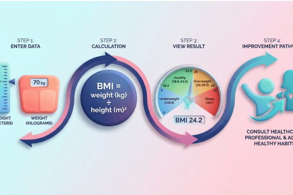 Step-by-step BMI calculator infographic showing height and weight inputs, BMI formula, category gauge, and health improvement pathway.