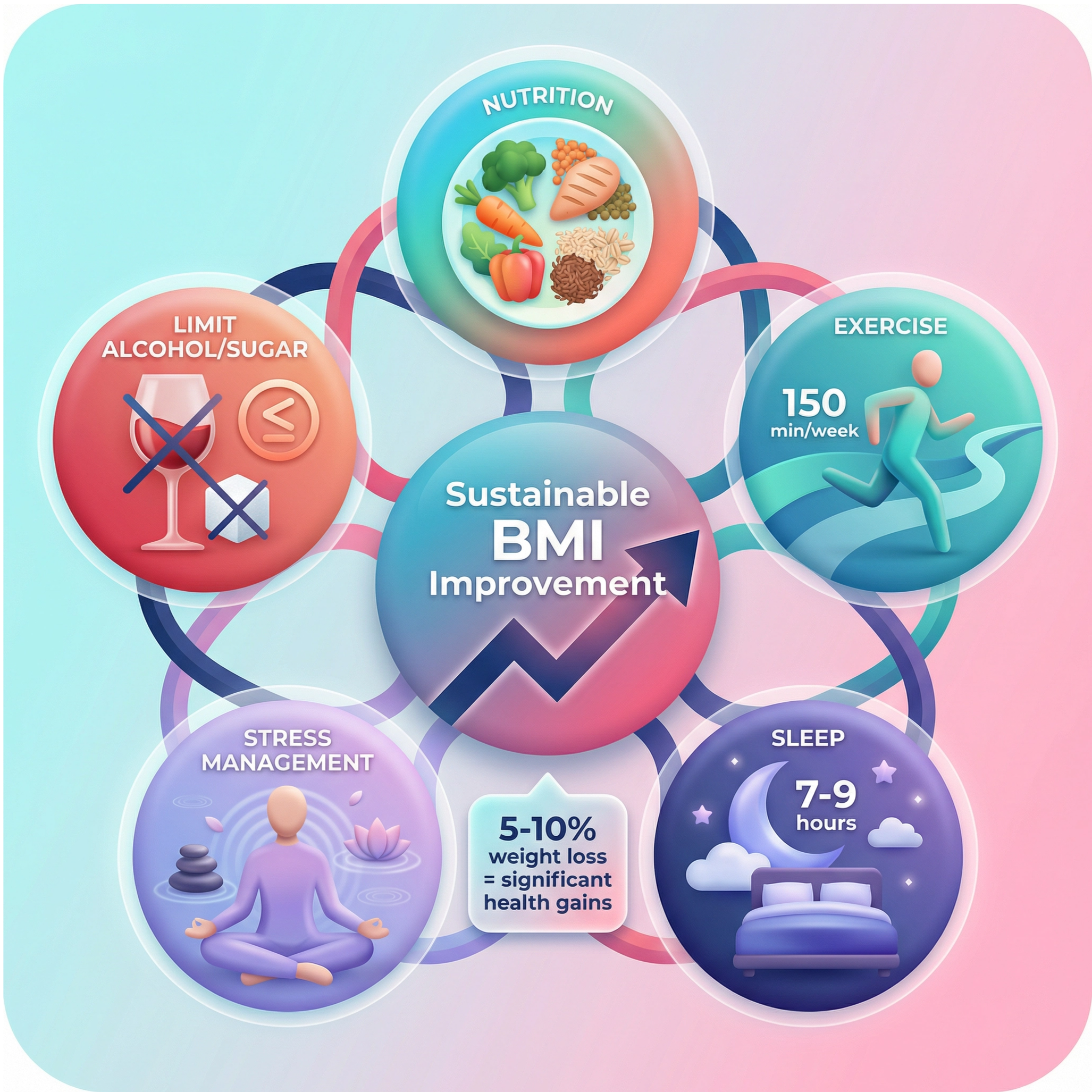 Circular infographic showing five healthy lifestyle actions that support safe BMI improvement, including diet, exercise, sleep, stress management, and reducing sugar and alcohol.