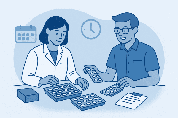 Pharmacist and pharmacy technician arranging monitored dosage system blister packs with calendar and clock icons symbolising timed medication dosing.
