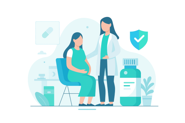 Pregnant woman consulting with healthcare professional in a clinical setting.