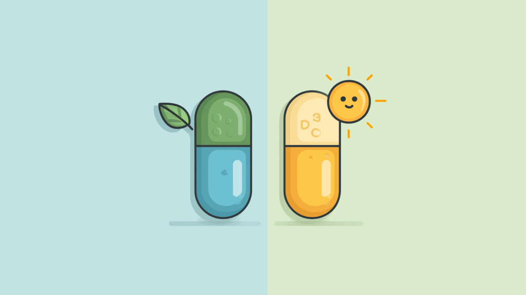 Difference between vitamin D2 and vitamin D3 supplements with sunlight source illustration