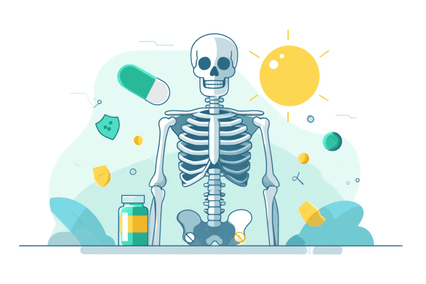 Vitamin D deficiency symptoms NHS illustration showing bones, supplements and sunlight