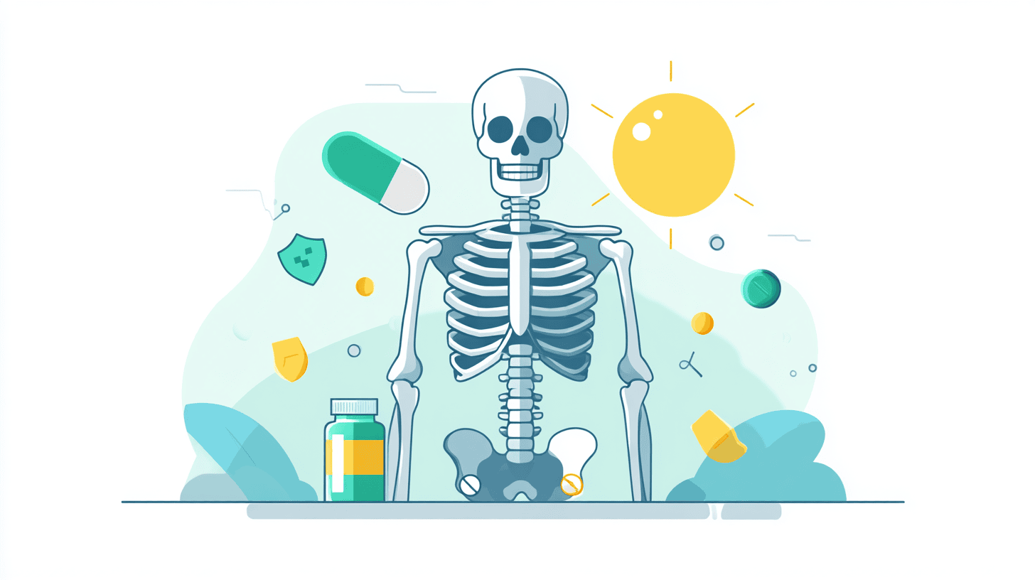 Vitamin D deficiency symptoms NHS illustration showing bones, supplements and sunlight