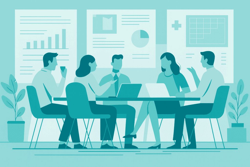 Vector illustration of a diverse healthcare leadership team in discussion, representing Core Prescribing Solutions’ strategic perspective on HIV prevention.