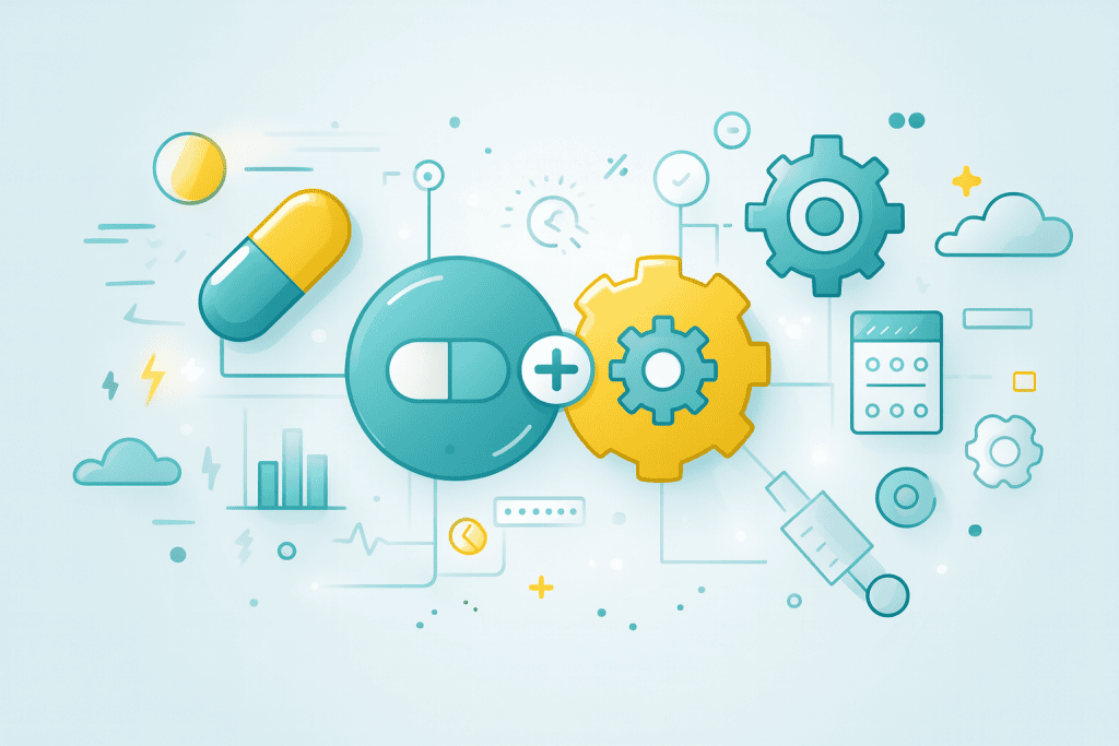 Flat vector illustration with circular arrows, charts, and data icons representing continuous improvement, innovation, and medicines optimisation across primary care pharmacy.