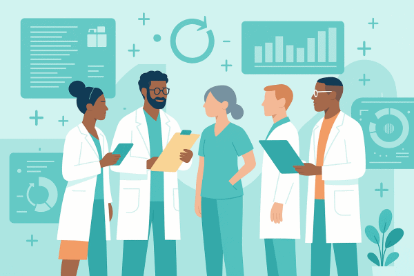 Vector illustration of healthcare professionals reviewing digital data about the new long-acting HIV prevention injection in a clinical setting.