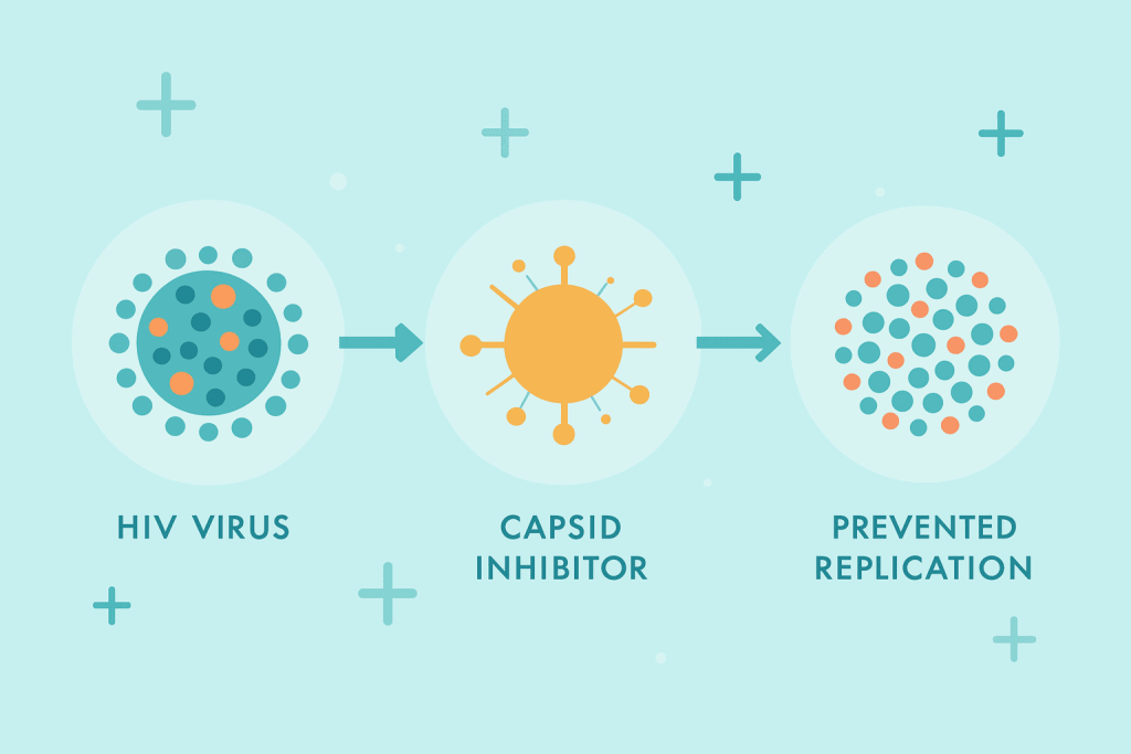 HIV virus and capsule inhibitor preventing HIV replication, medical illustration for healthcare.