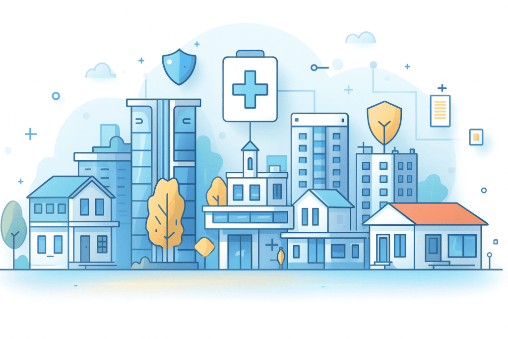 Flat vector illustration of a GP practice building, checklist, and medicine icons symbolising formulary governance, standardisation, and safer prescribing in primary care.