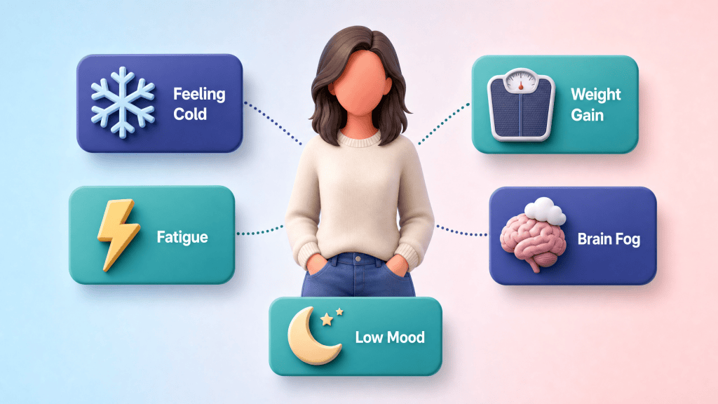 Five common underactive thyroid symptoms: feeling cold, weight gain, fatigue, brain fog, and low mood.