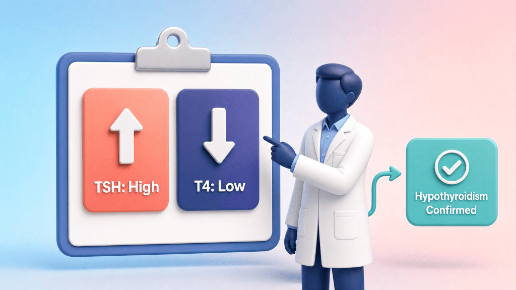 Hypothyroidism is diagnosed by a raised TSH and low free T4 on a thyroid blood test