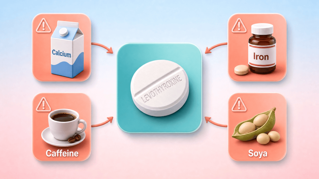 Calcium, iron, caffeine, and soya can all reduce levothyroxine absorption if taken too close to the daily dose