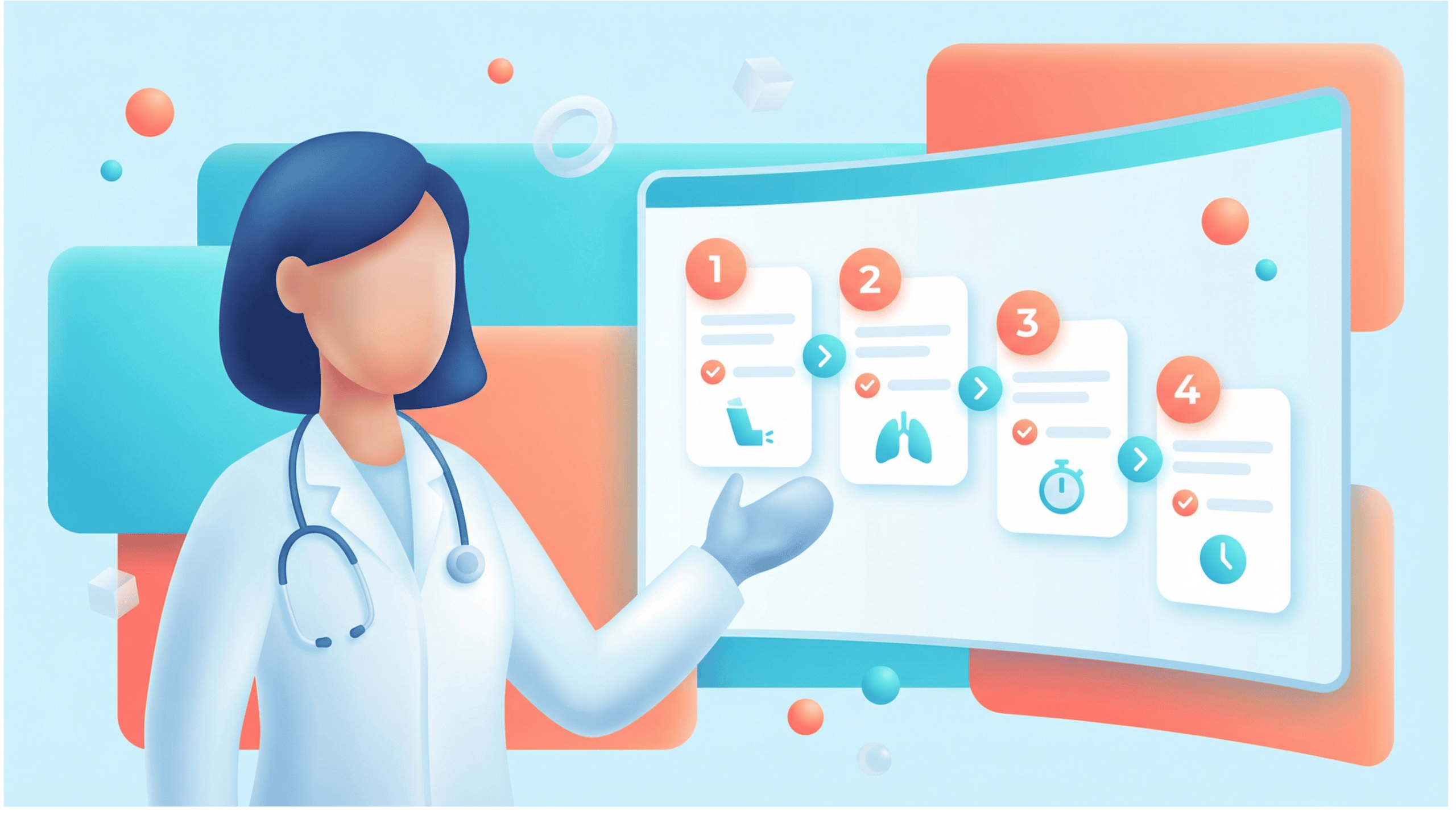 Adult female healthcare professional explaining medication review process on digital screen.