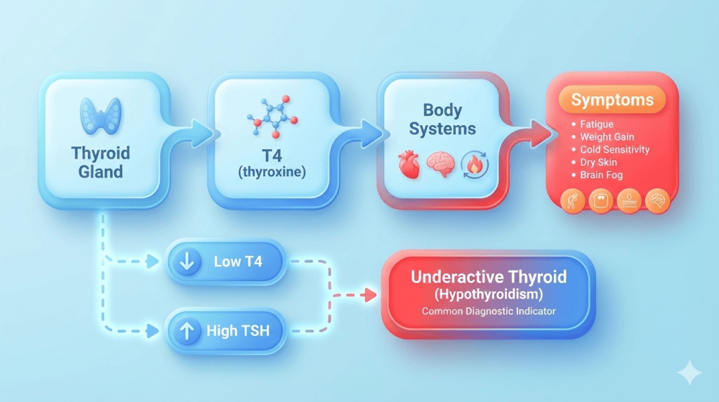 Chart showing how low T4 and high TSH indicate an underactive thyroid (hypothyroidism)