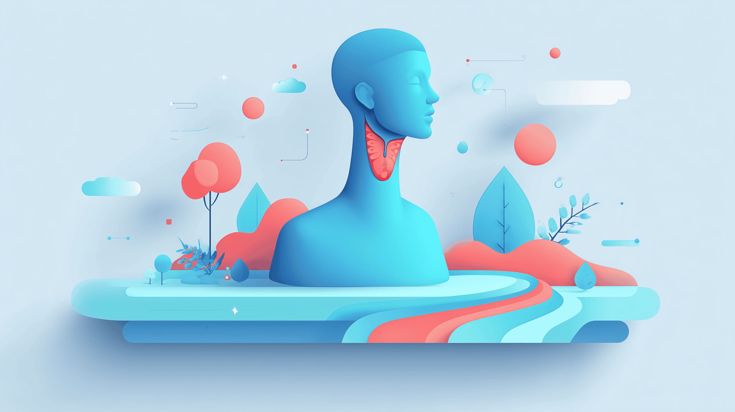 Illustration showing the thyroid gland and its role within body systems affected by hypothyroidism