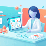 Accurate medical illustration of a healthcare professional working on a digital tablet at a clinic.