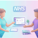 Clinical pharmacist and pharmacy technician reviewing a medication record together in a GP practice setting.