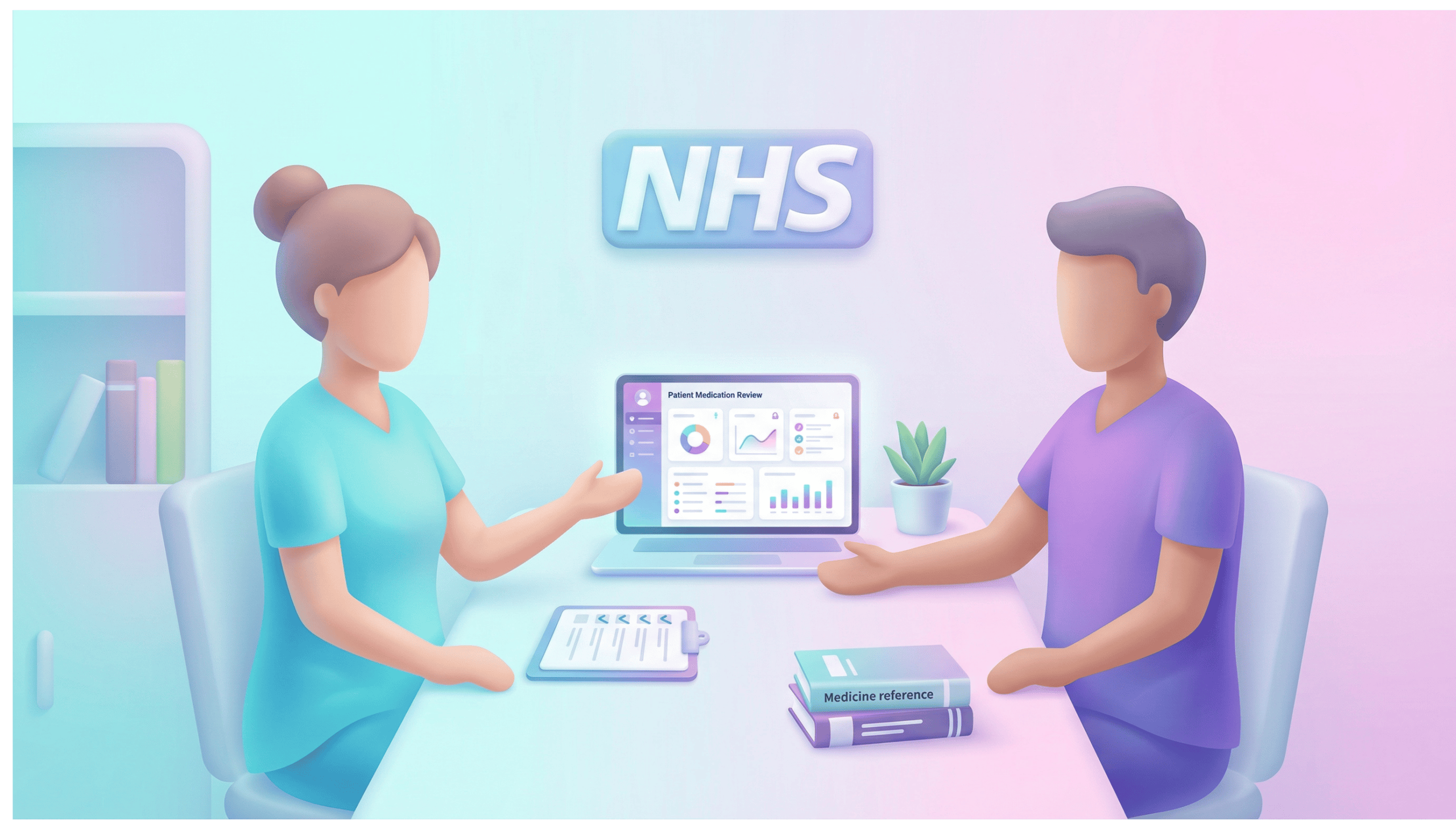 Clinical pharmacist and pharmacy technician reviewing a medication record together in a GP practice setting.
