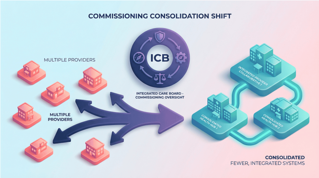 Infographic showing centralised commissioning NHS consolidation affecting GP federations